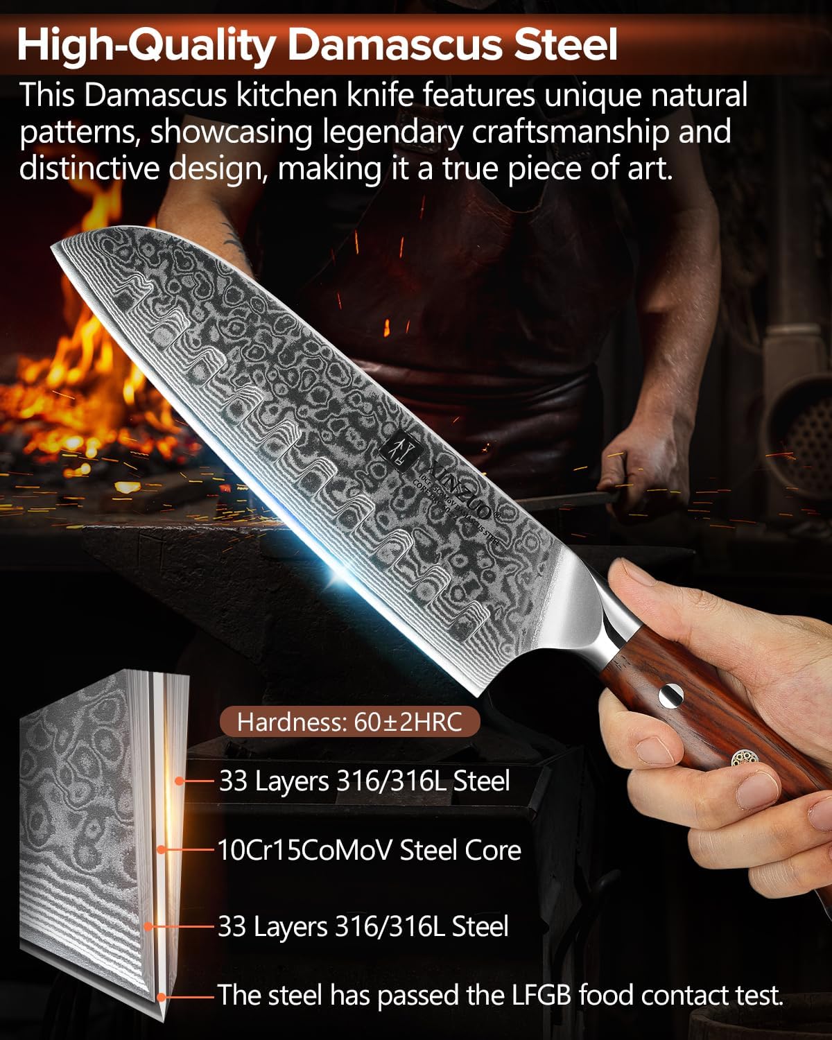 XINZUO Damascus Steel Santoku Knife 18cm Santoku Knife - Professional Chef Knife Multifunctional Kitchen Cooking Knife, Suitable for Cutting Meat, Vegetables and Fruits - Ergonomic Rose Wood Handle