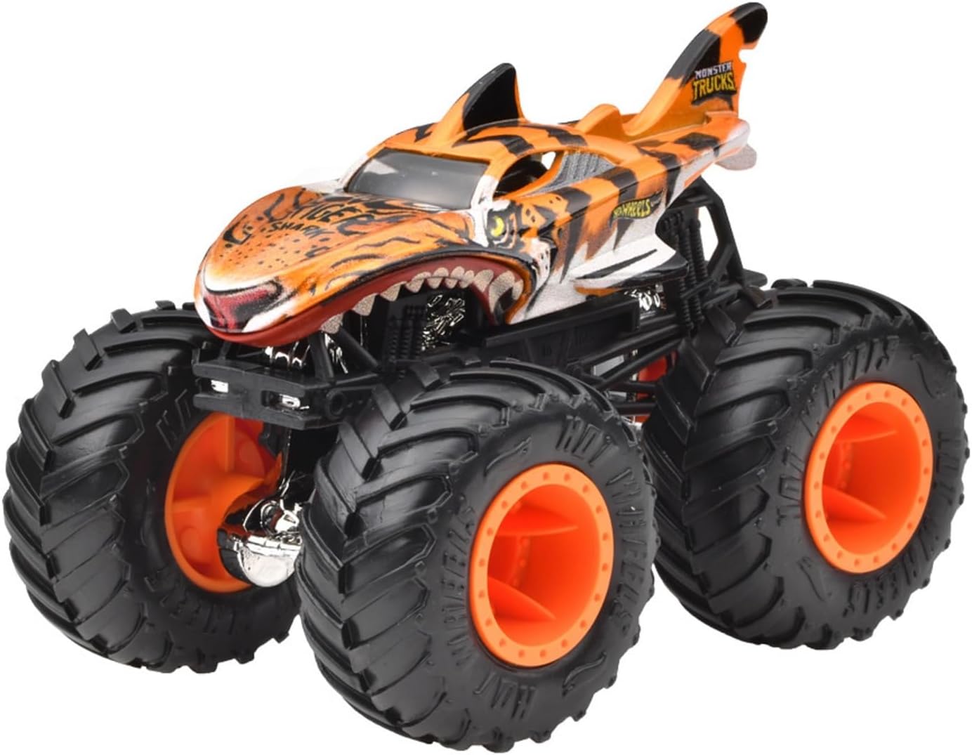 Hot Wheels Monster Truck 1:64 Tiger Shark Ride-On Toy Mini Car, Ages 3 and Up, Orange JGR02