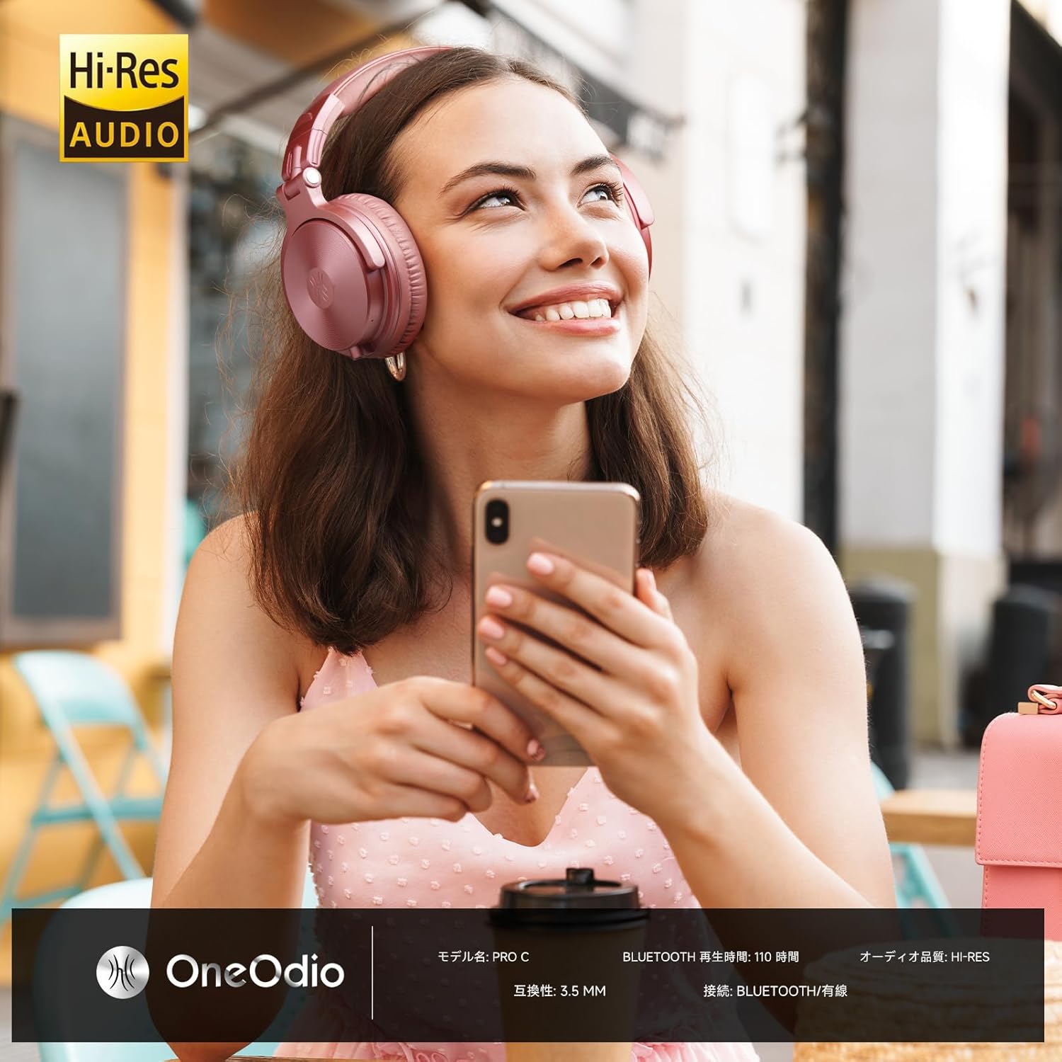 OneOdio Wireless Headphones, Up to 110 Hours of Continuous Playback, Bluetooth Headphones, Heavy Bass, Wired Hi-Res, Multi-Point Support, Built-in Microphone, Hands-Free Calling, Pro C, Rose Gold