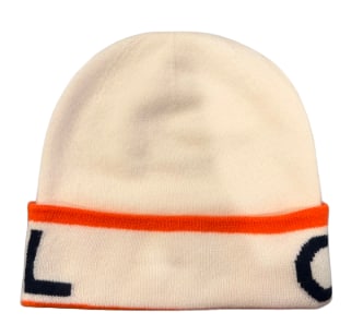CHANEL 24A "CHANEL" ORANGE/WHITE CASHMERE BEANIE