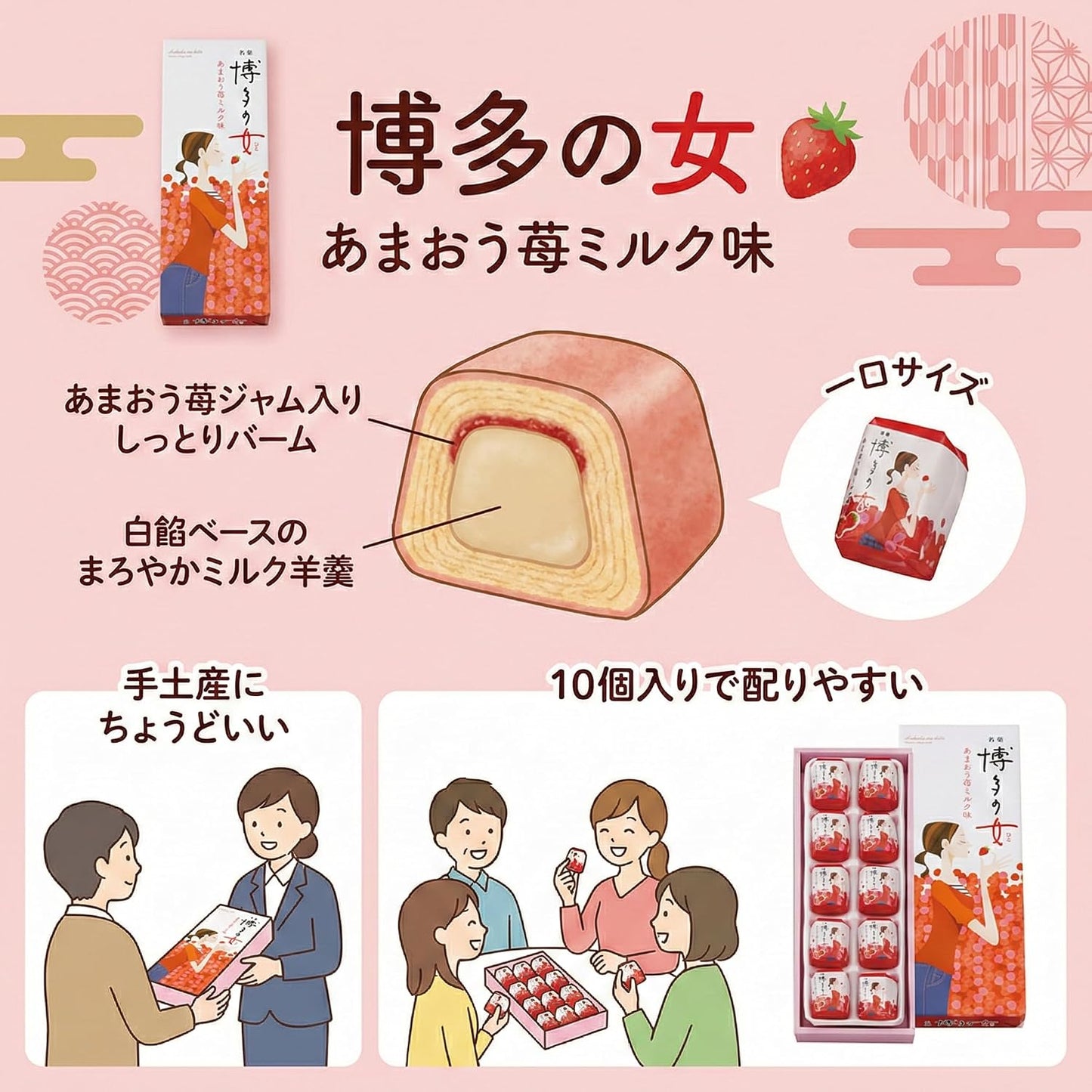 [Amao Strawberry Milk] Hakata Women's 10 Pieces | Strawberry Balm & Thick Milk Yokan | Single Bite Size Individual Packaging | Fukuoka, Hakata Souvenirs