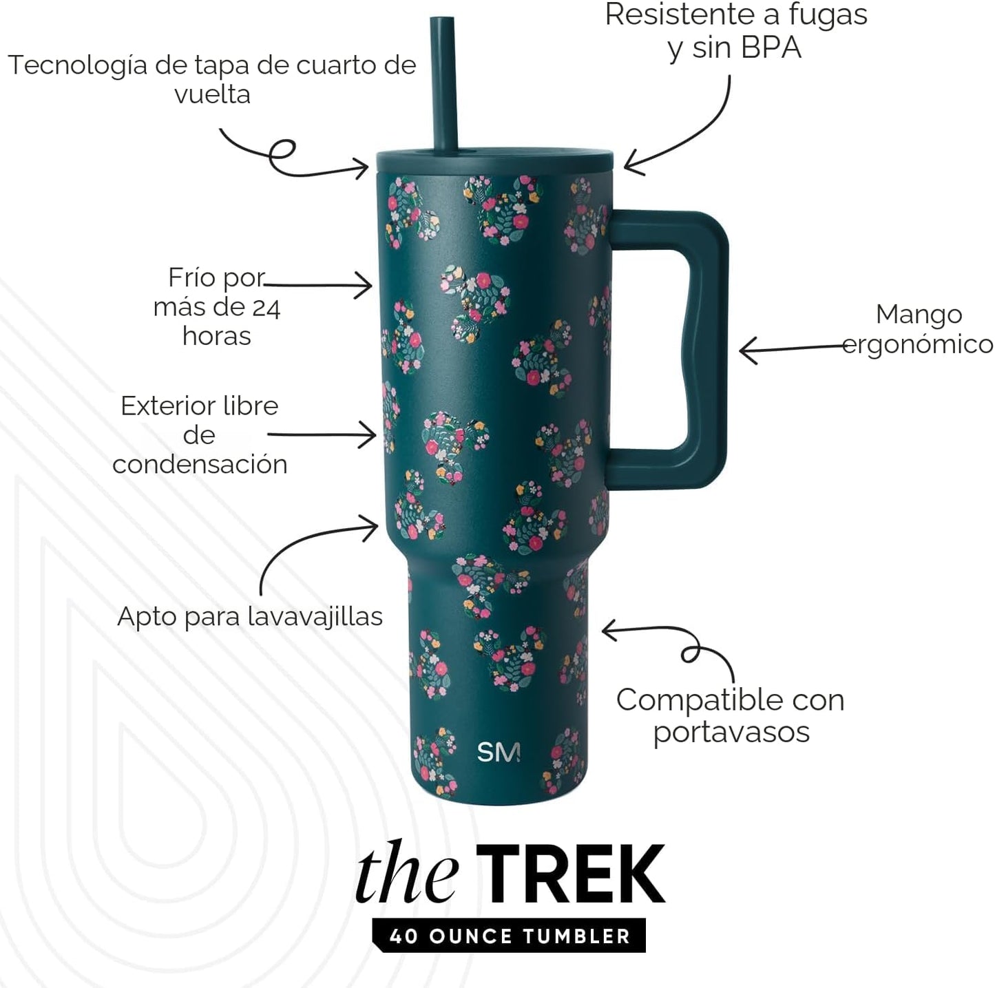 Simple Modern Disney Vaso de 40 oz con Asa y Tapa con Pajita | Botella de Agua de Acero Inoxidable Aislada Reutilizable Taza de Viaje | Regalos para Mujeres | Colección Trek | 40oz | Mickey Mouse