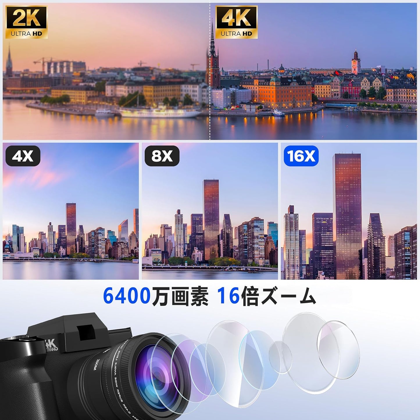 Fsjun Mirrorless SLR Camera 4K Ultra HD 48MP Wide Angle Lens, All-in-One Vlogging Camera with 3'' 180° Flip Screen and Digital Zoom