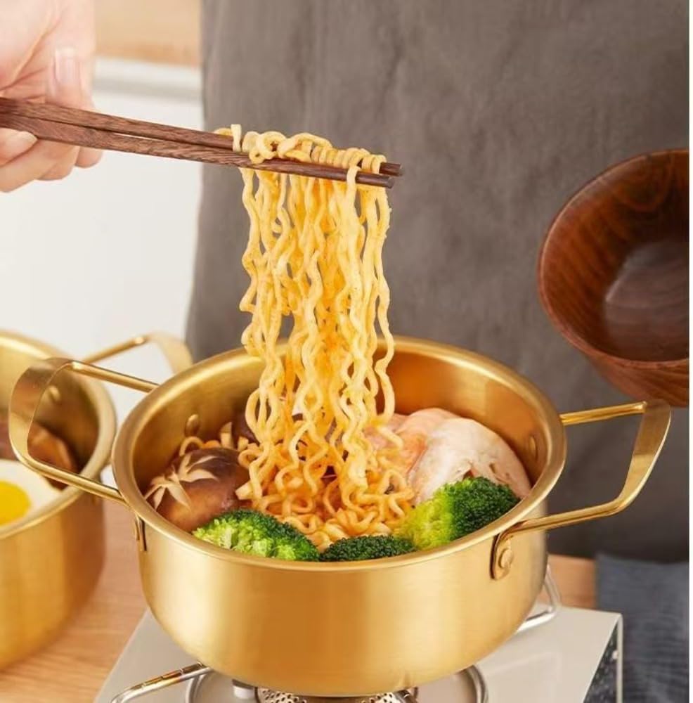 Korean Hot Pot, Ramen Pot, Single Person Instant Noodle Pot, Stainless Steel, Small, Two-Handed Pot, Lid Included, Heating Evenly, Fast Heat Conduction, Living Alone, For Home Use, Pasta Pot, Tabletop