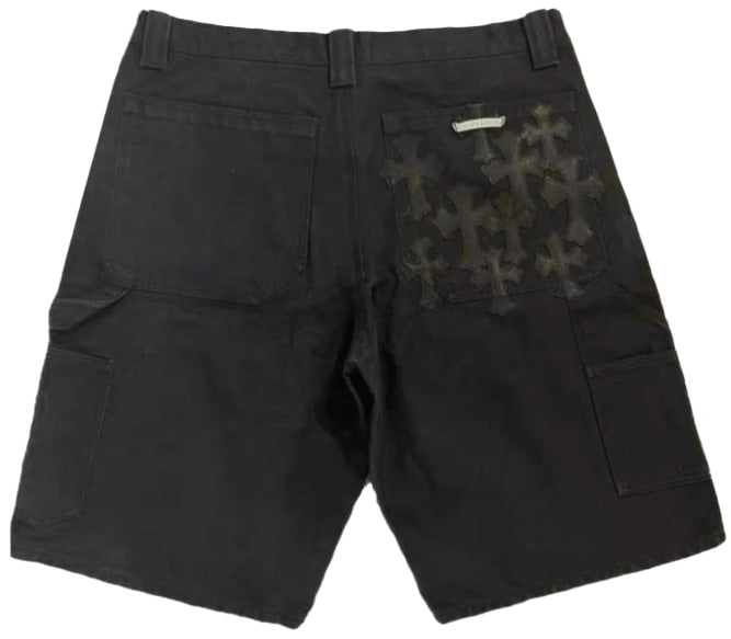 CHROME HEARTS '10 PATCH' BLACK CROSS LEATHER PATCH SILVER BUTTON SHORTS