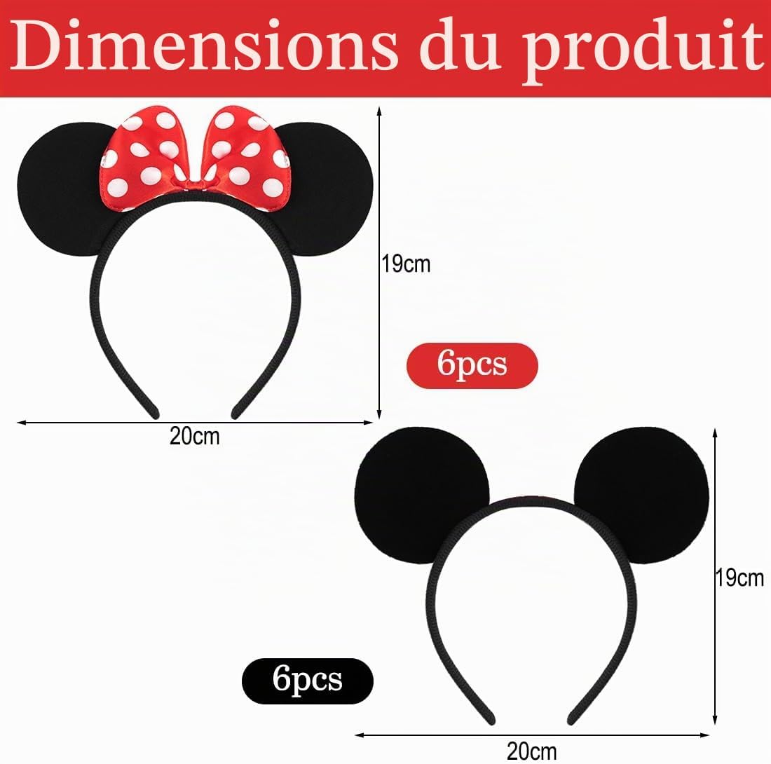 Meleager 12 x Cartoon Mouse Ear Headbands, Hair Accessories for Children and Adults for Birthday Parties, Christmas, Carnival, Halloween, as Gifts