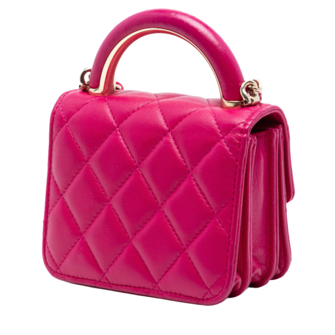 CHANEL 'CHARMING HANDLE FLAP' CLUTCH QUILTED LAMBSKIN MINI PINK