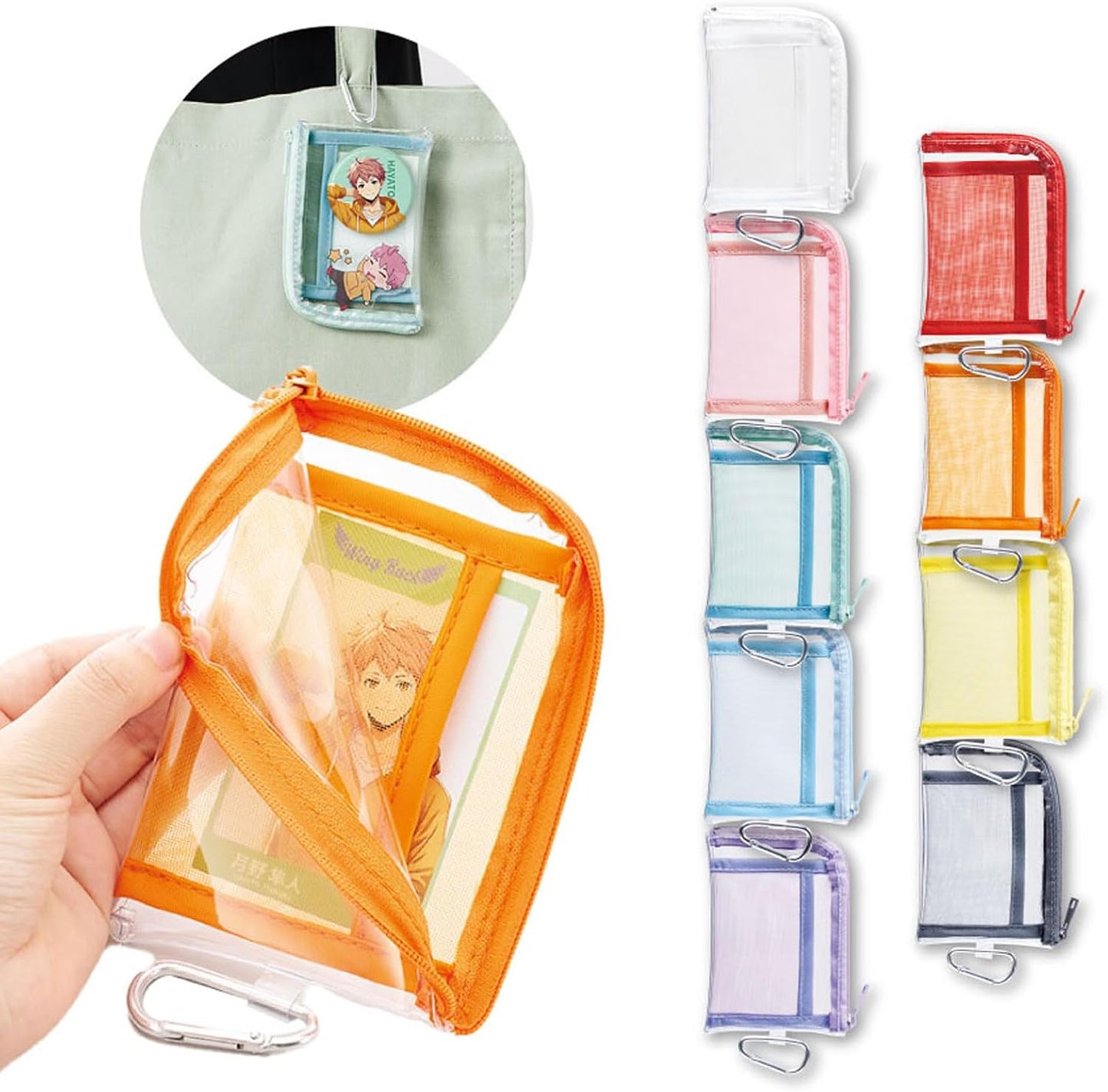 Clear Mini Pouch with Carabiner | Pressurikatsu Goods, Trading Card, Aksta, Can Badge Storage, Push Color, Mesh Pocket, Idol, Anime, Ota-Katsu, Showing Pouch,, orange, Simple