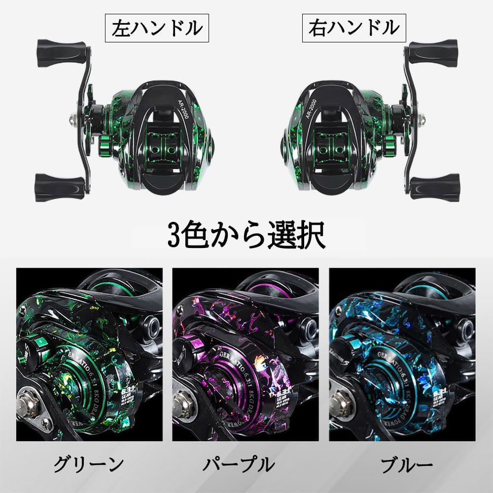 Bait Reel, Saltwater Fishing, Freshwater Fishing, Dual Use, Left/Right Handle, Ultra Lightweight, Strong Magnetic Brake, Far Throw, Maximum Drag Force, 17.6 lbs (8 kg), Gear Ratio 6.3:1