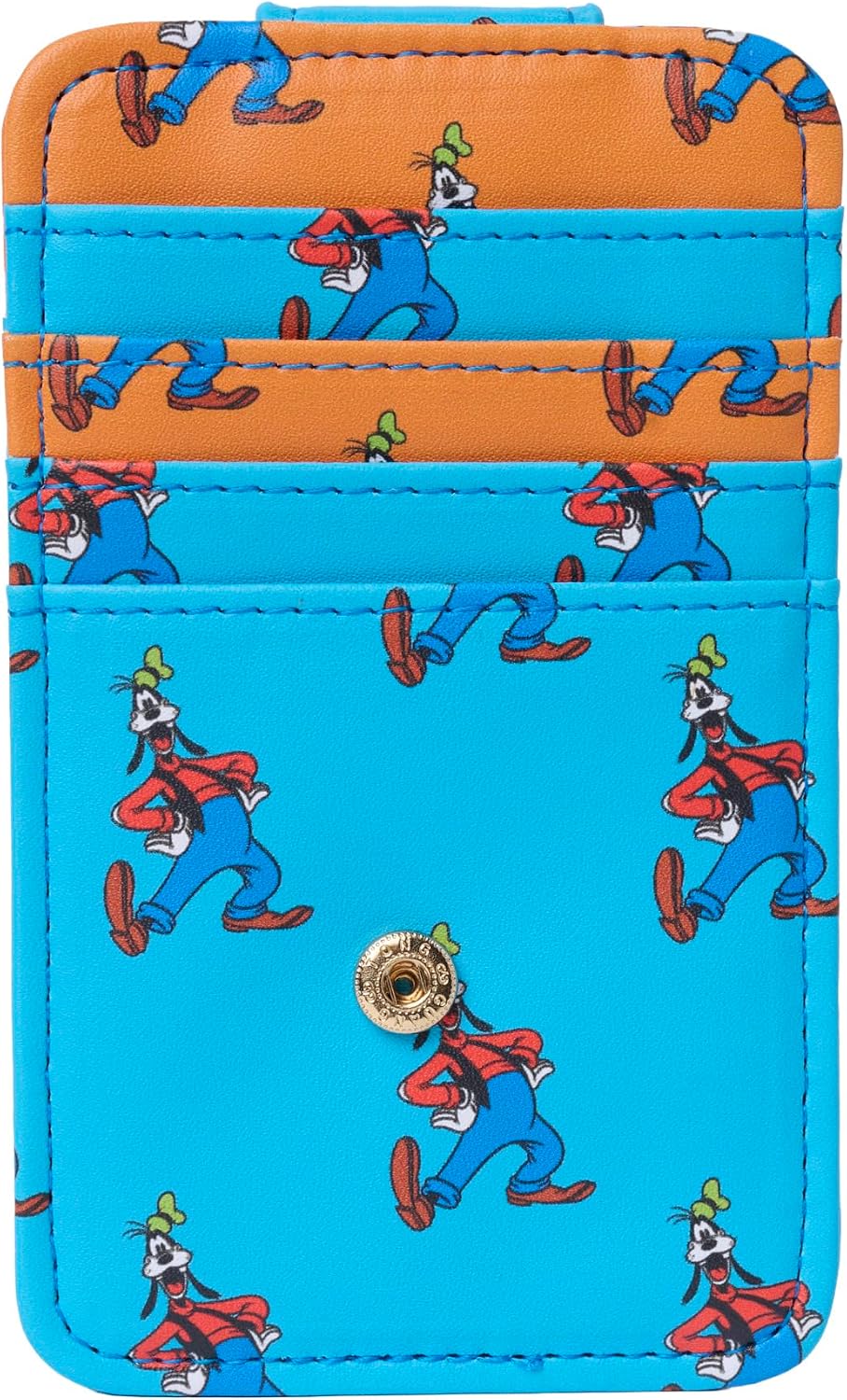 Disney Tarjetero para mujer, delgado y compacto, cartera de crédito, pequeño broche de presión, novedad de viaje, Goofy Azul Naranja | Small