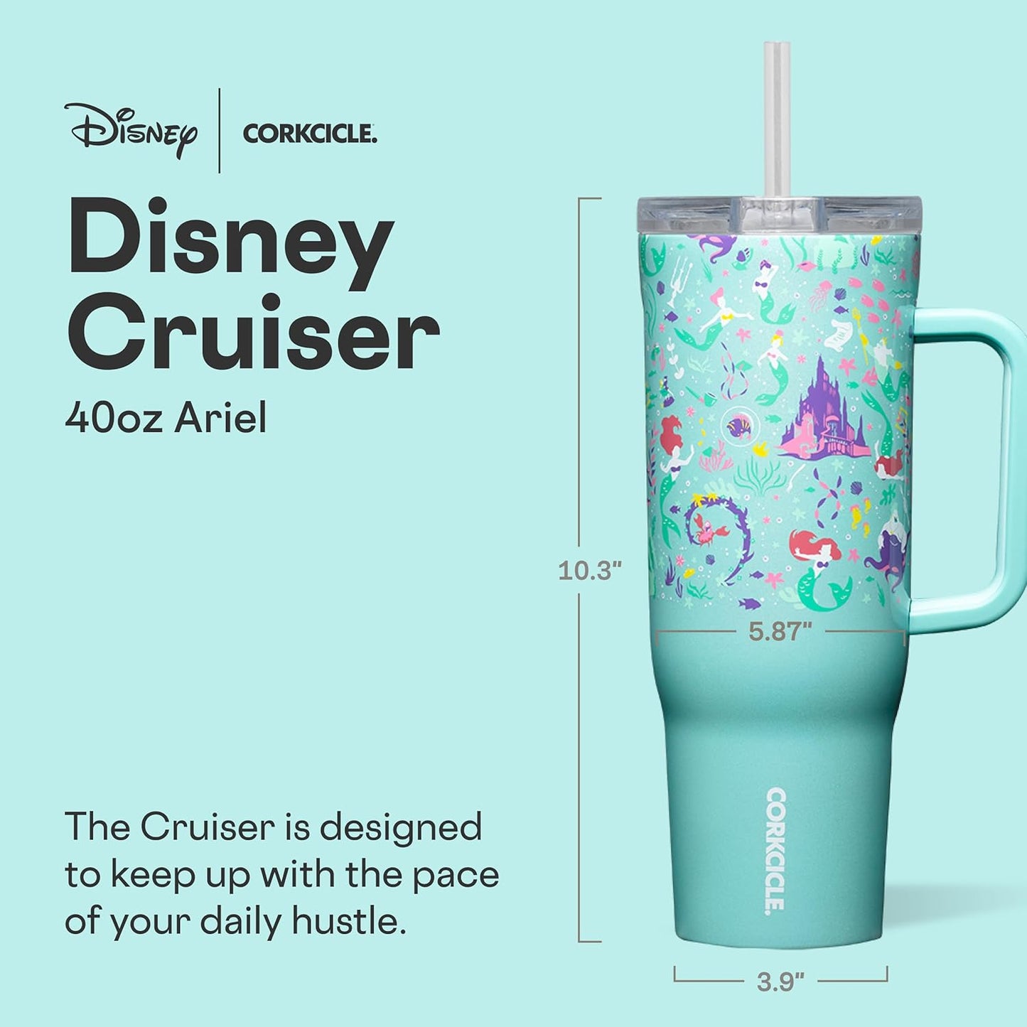 Corkcicle Cruiser - Vaso aislado con asa y pajilla, mantiene las bebidas frías 20 horas, triple aislamiento, regalo de verano, mantiene las bebidas heladas, 40 onzas, Princesa Ariel