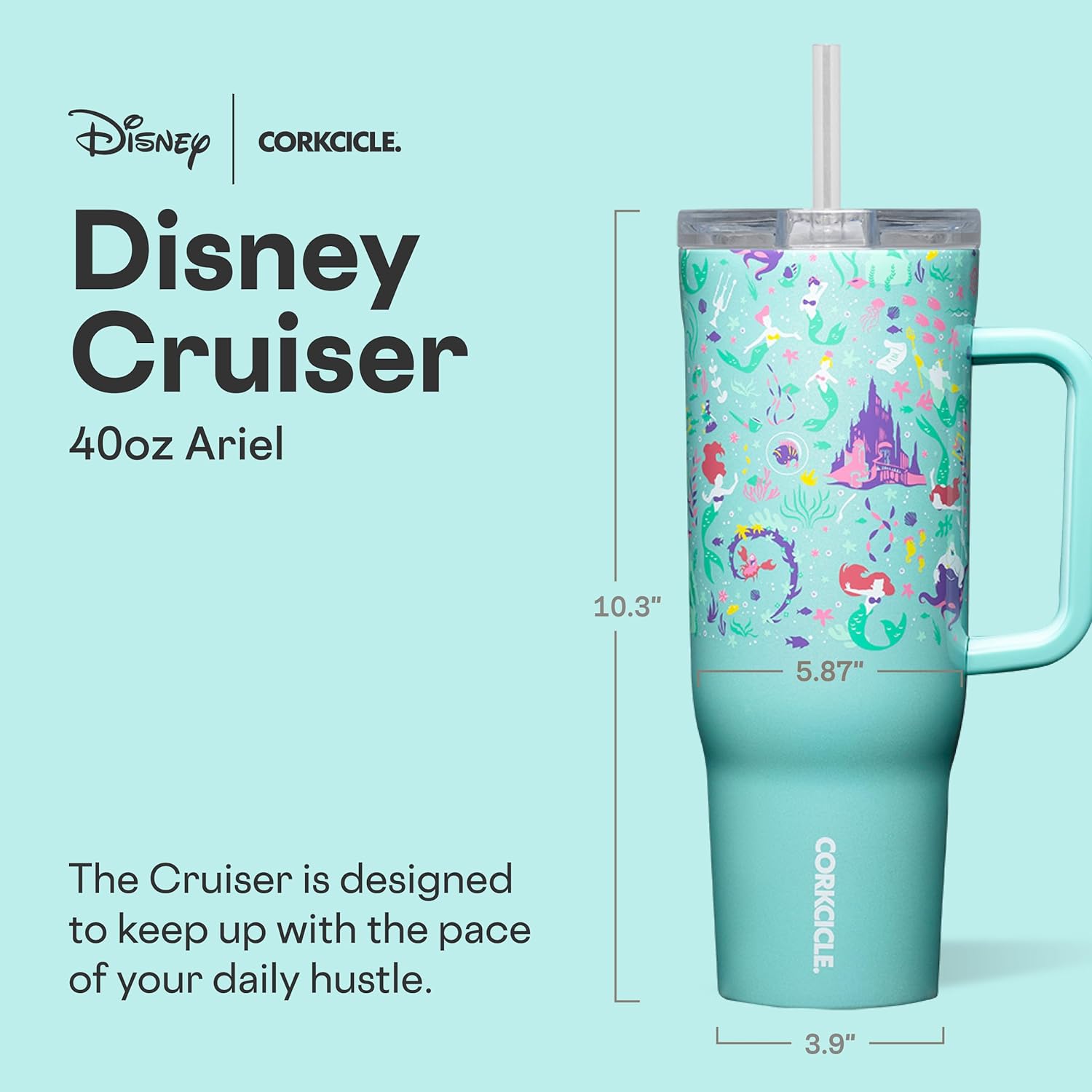 Corkcicle Cruiser - Vaso aislado con asa y pajilla, mantiene las bebidas frías 20 horas, triple aislamiento, regalo de verano, mantiene las bebidas heladas, 40 onzas, Princesa Ariel