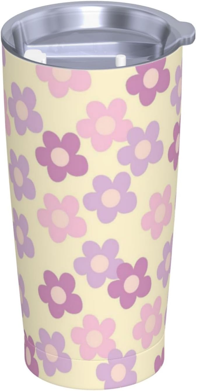 Vaso de 20 onzas con tapa y popote para mujer, diseño floral retro, con aislamiento, diseño floral retro, diseño de flores moradas, de acero inoxidable, taza de viaje al vacío de doble pared