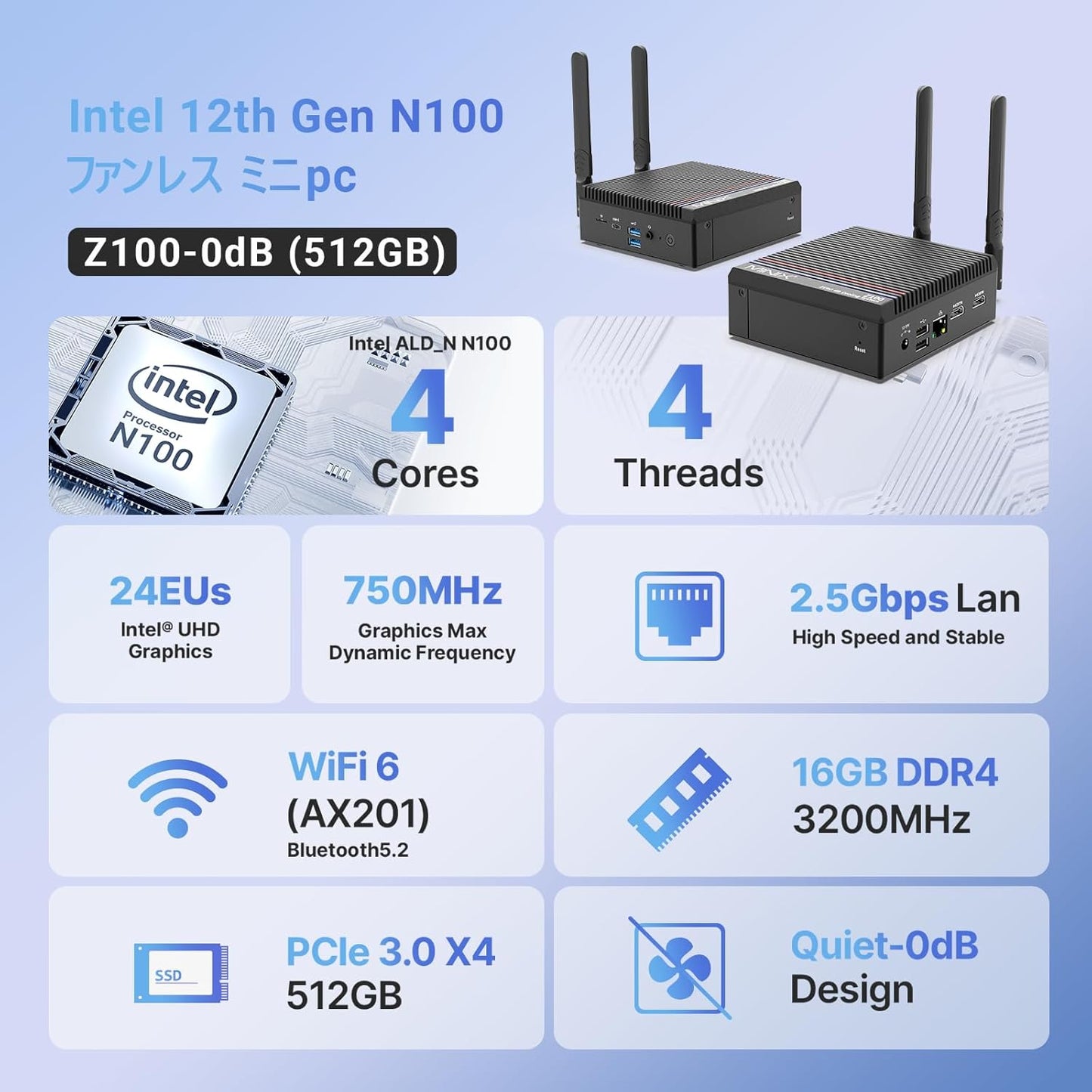 MINIX NEO Z100-0dB Fanless Mini PC, Intel Alder Lake N100, Latest 12th Generation Small PC, Up to 3.40 GHz, 16GB DDR4, 512GB M.2 PCIe Gen3 x 4 NVMe SSD, Windows 11 Pro, Mini Computer, Ultra
