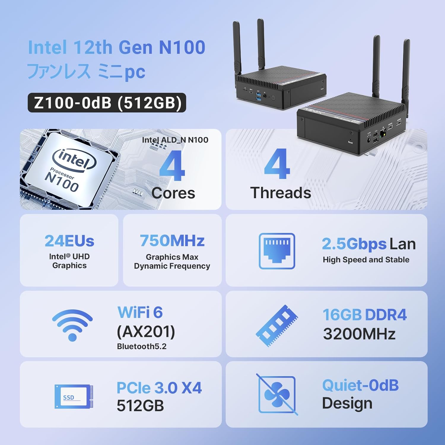 MINIX NEO Z100-0dB Fanless Mini PC, Intel Alder Lake N100, Latest 12th Generation Small PC, Up to 3.40 GHz, 16GB DDR4, 512GB M.2 PCIe Gen3 x 4 NVMe SSD, Windows 11 Pro, Mini Computer, Ultra