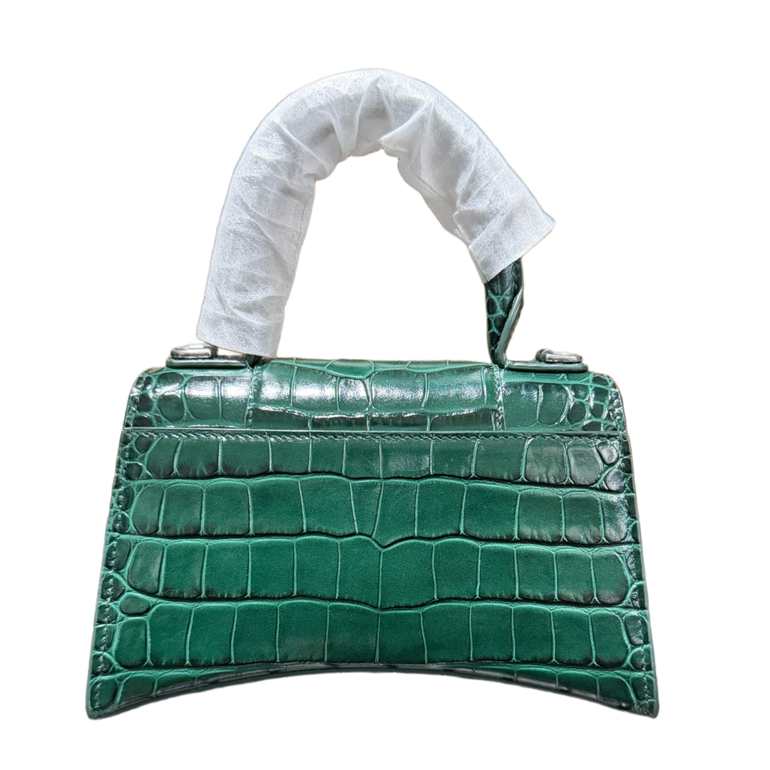 BALENCIAGA HOURGLASS XS 'CROCODILE EMBOSSED CALFSKIN' LEATHER GREEN HANDBAG