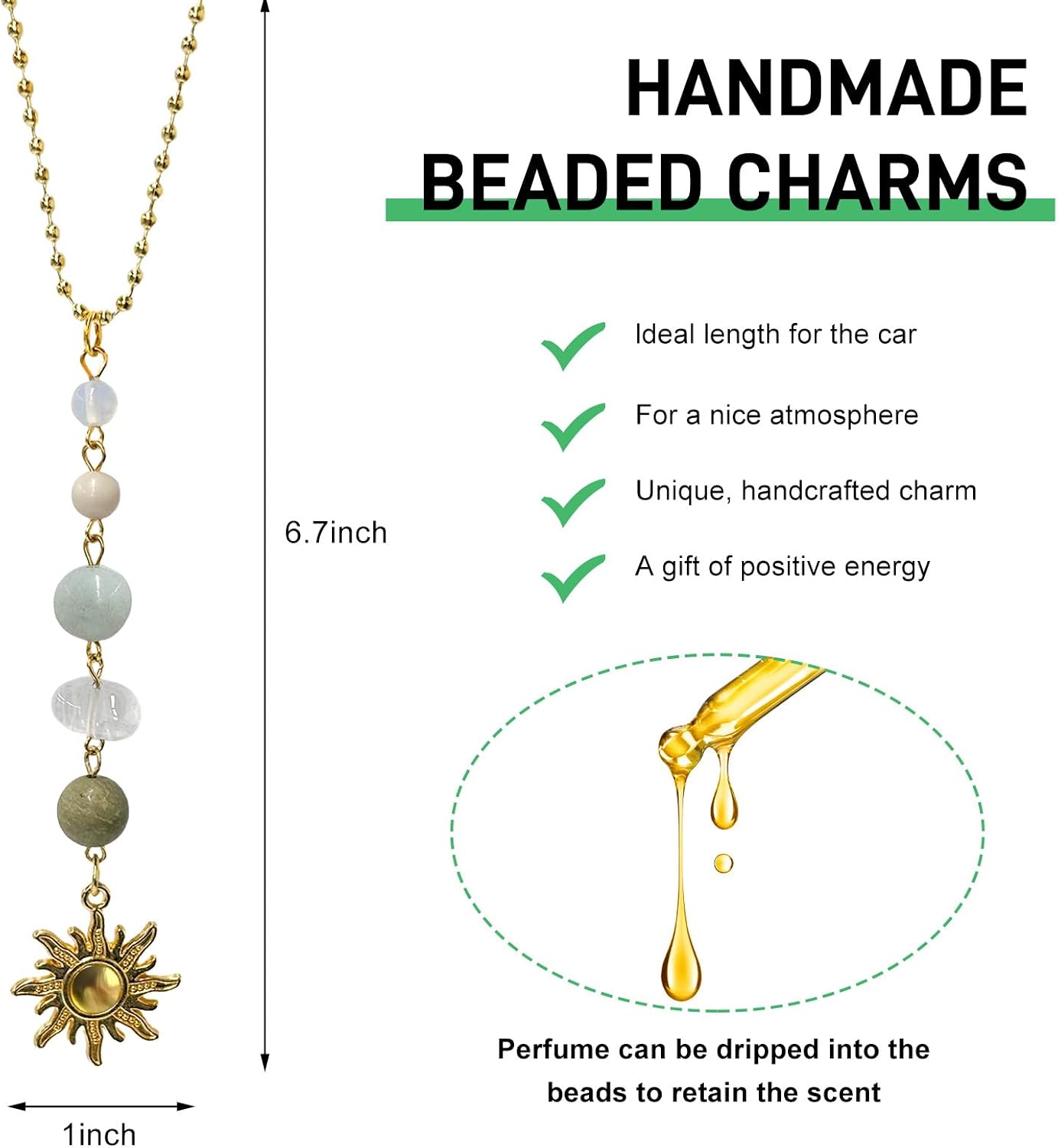 Sun Hanging Car Charm, Cute Boho Dangling Auto Rear View Mirror Pendant Sun Decor, Handmade Vehicle Mirror Hanging Ornament with Healing Crystals Stones for Women Men (Green)