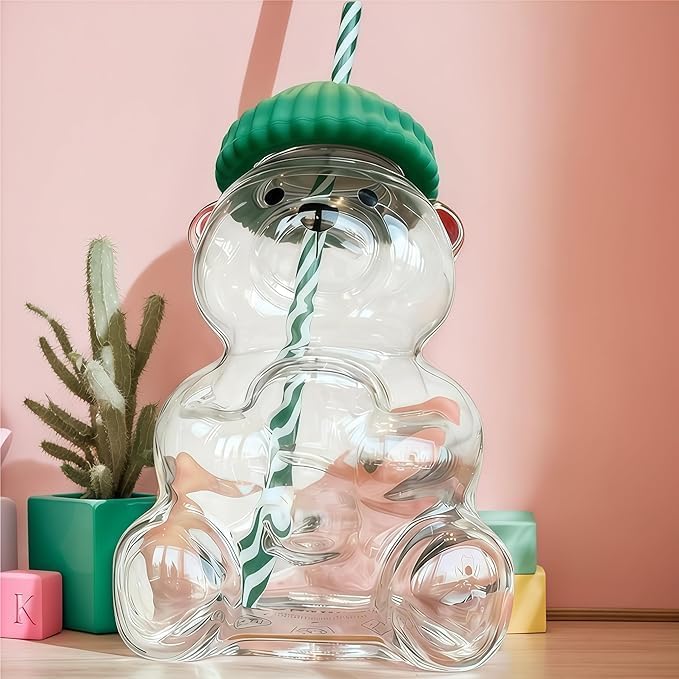 Taza de Oso Colonova Bear Cup 2025 Nueva Oso con Pajita, Linda Taza de Oso de Vidrio con Pajita, Taza de Vaso de Vidrio Reutilizable de 20oz con Tapa para Café Helado, Té con Leche y Cócteles, Apta