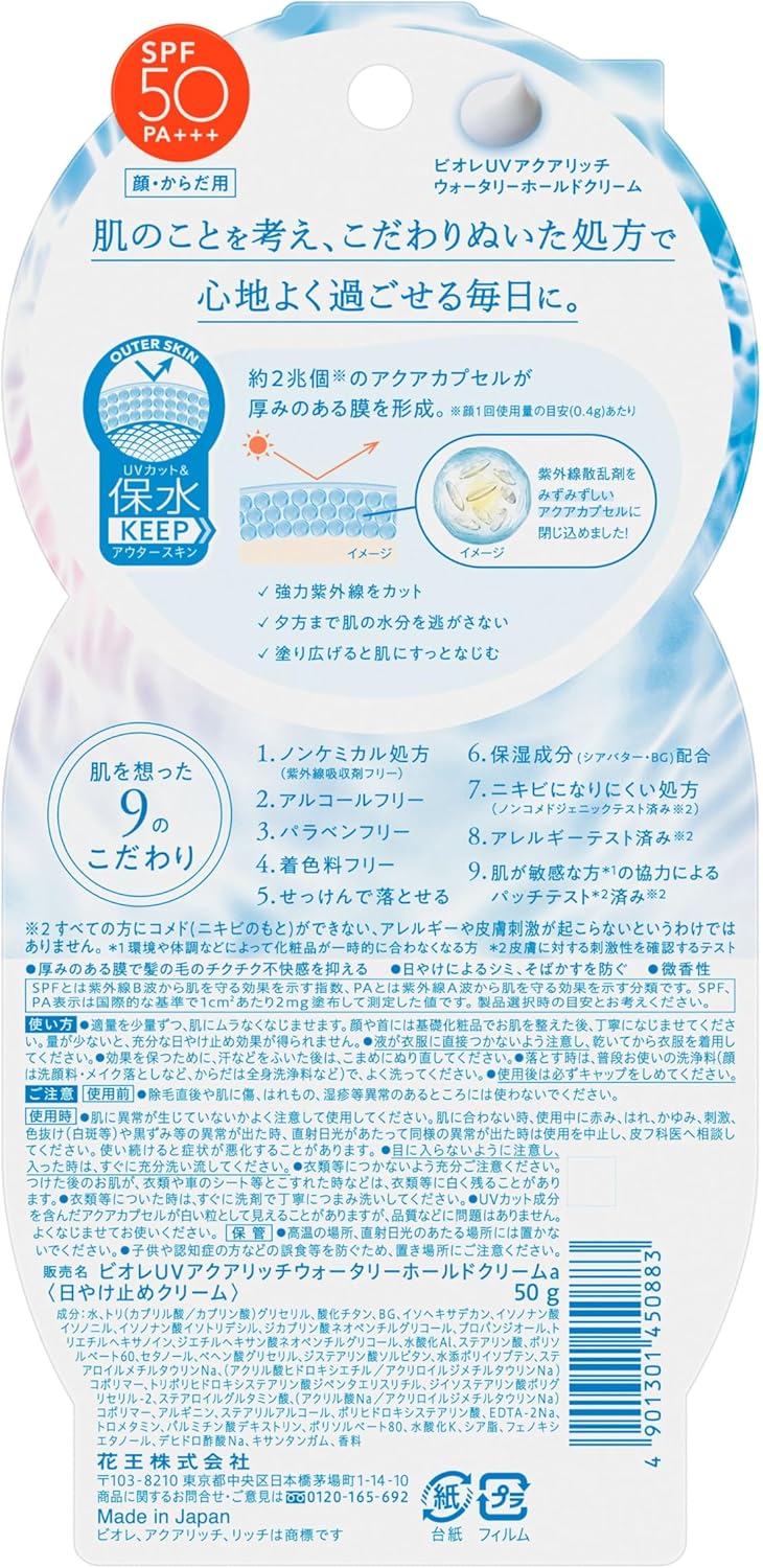 Bioré UV Aquarich Water Skin Memory Watery Hold Cream 1.76 oz (50g) Sunscreen Non-Chemical Formula SPF50
