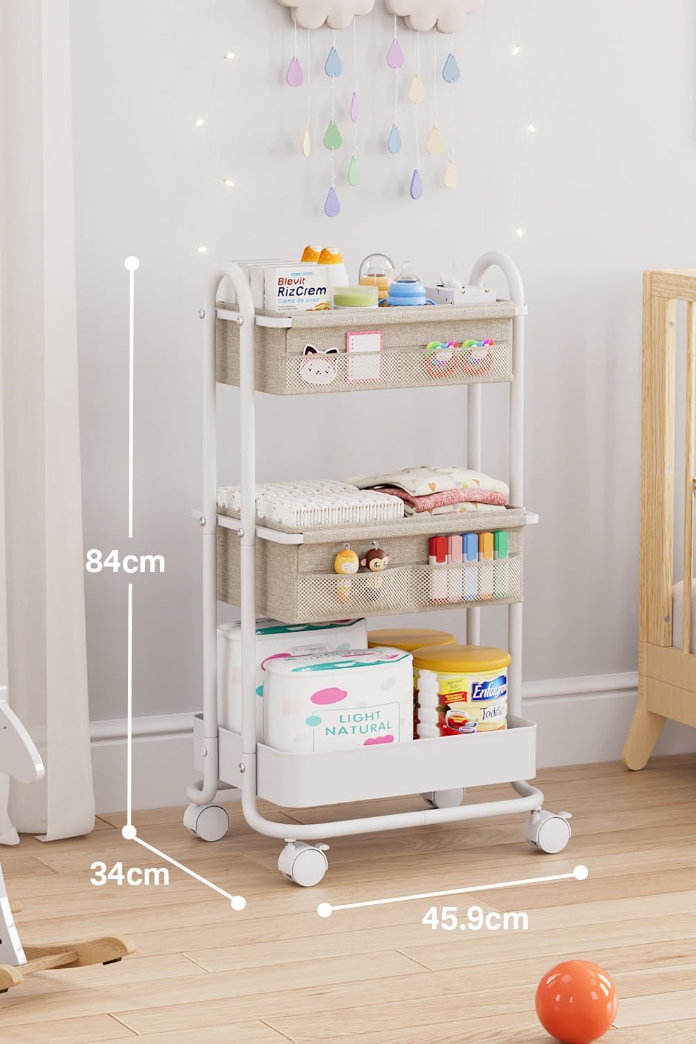 Diaper Stocker, Baby Supplies, Storage Wagon, 3 Tiers, With Casters, For Labor Preparation, Baby Supplies, Diaper Bag Organization, Includes Removable Dividers, Convenient to Move, Multifunctional, For Cribs, Large Capacity, Nursery Storage (Black)