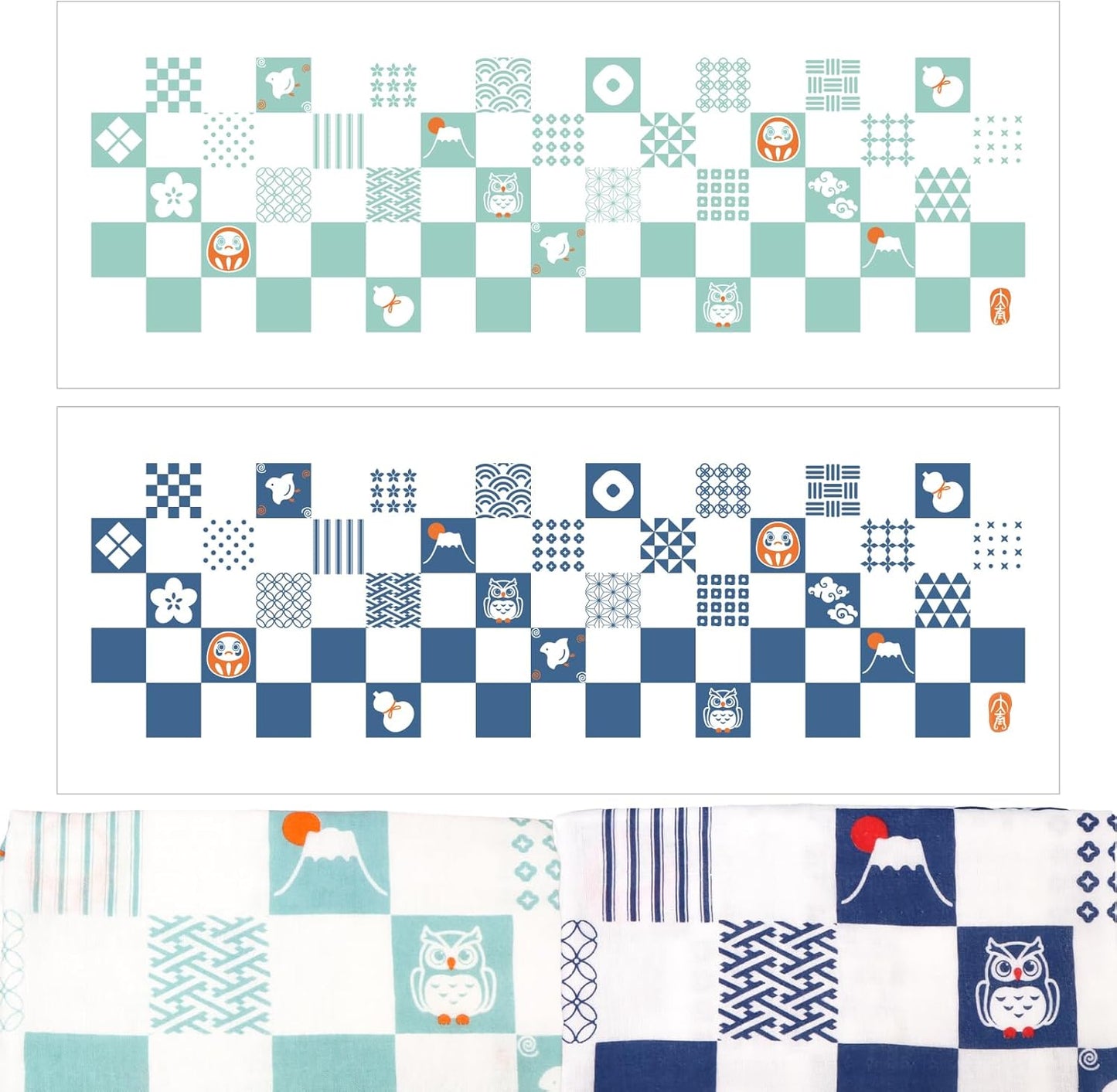 Cluster Japanese Tenugui, Double Layer, Japanese Bleached Gauze, Anti-fray Treatment, Checkered Play Pattern (Navy Blue & Celadon), Set of 2