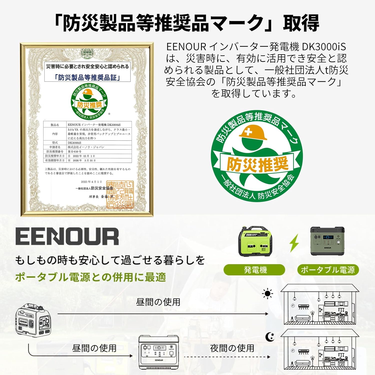 EENOUR DK3000iS Inverter Generator, Rated Output, 3.0 kVA, Recommended for Disaster Prevention, Sine Wave, Soundproof, High Output, Lightweight, Quiet, Household Gasoline Generator, Portable