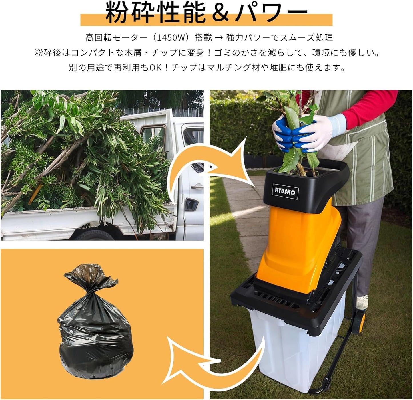 Ryusho Industry Electric Garden Shredder Wood Chipper for Home Use, Small and Lightweight, Maximum Shredding Diameter φ45mm, Gardening Electric Shredder with Rotary Cutter Disc, AC100V 50/60Hz, 5M