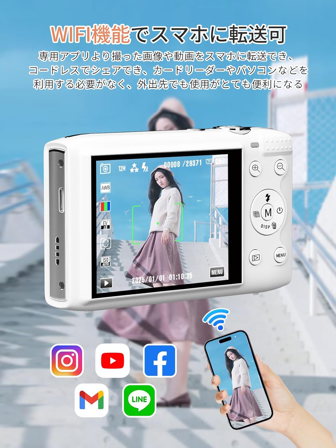 AiMike Digital Camera, 5K Digital Camera, WIFI Transfer Function, 72 Megapixels, 64 GB Micro SD Card, 16x Digital Zoom, Autofocus Function, LED Light, Webcam, 2.8 Inch Large Screen, 2 Batteries