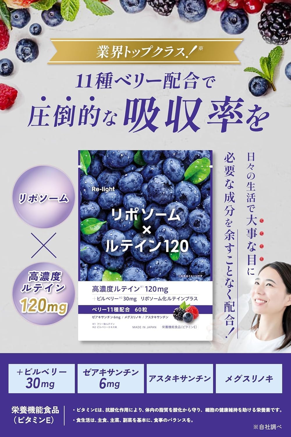 【たっぷりベリー11種配合】 Re-light ルテイン 3600mg リポソーム サプリメント サプリ 目 ブルーベリー ビルベリー 高濃度 高吸収 60粒 30~60日分 GMP認定工場 国内製造 栄養機能食品 2個セット