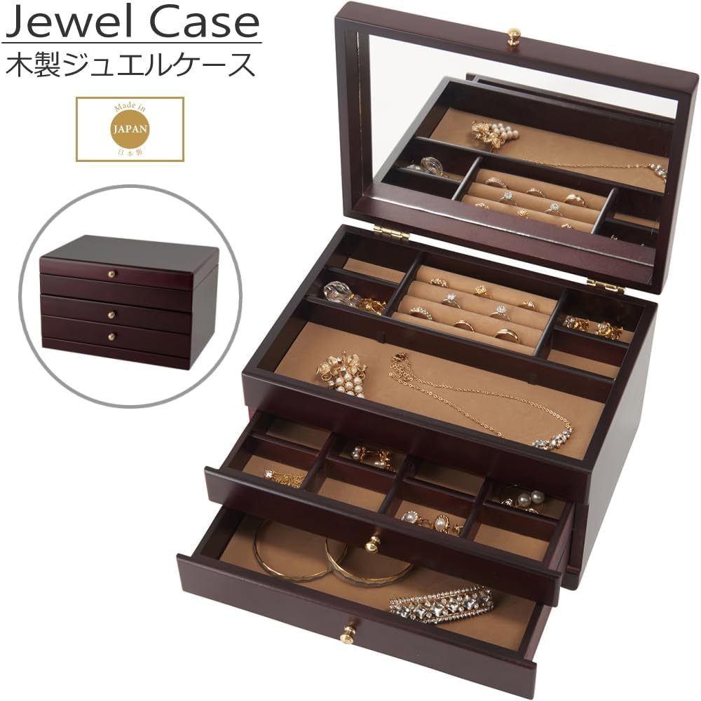 Jewelry Box, Wooden Large Capacity, Stylish, Drawers, Dividers, Mirror, Storage, Organization, Accessories, Jewelry, Jewelry Case, 3 Tiers, Interior, Made in Japan, W10.4 x D7.9 x H6.5 inches (26.5 x