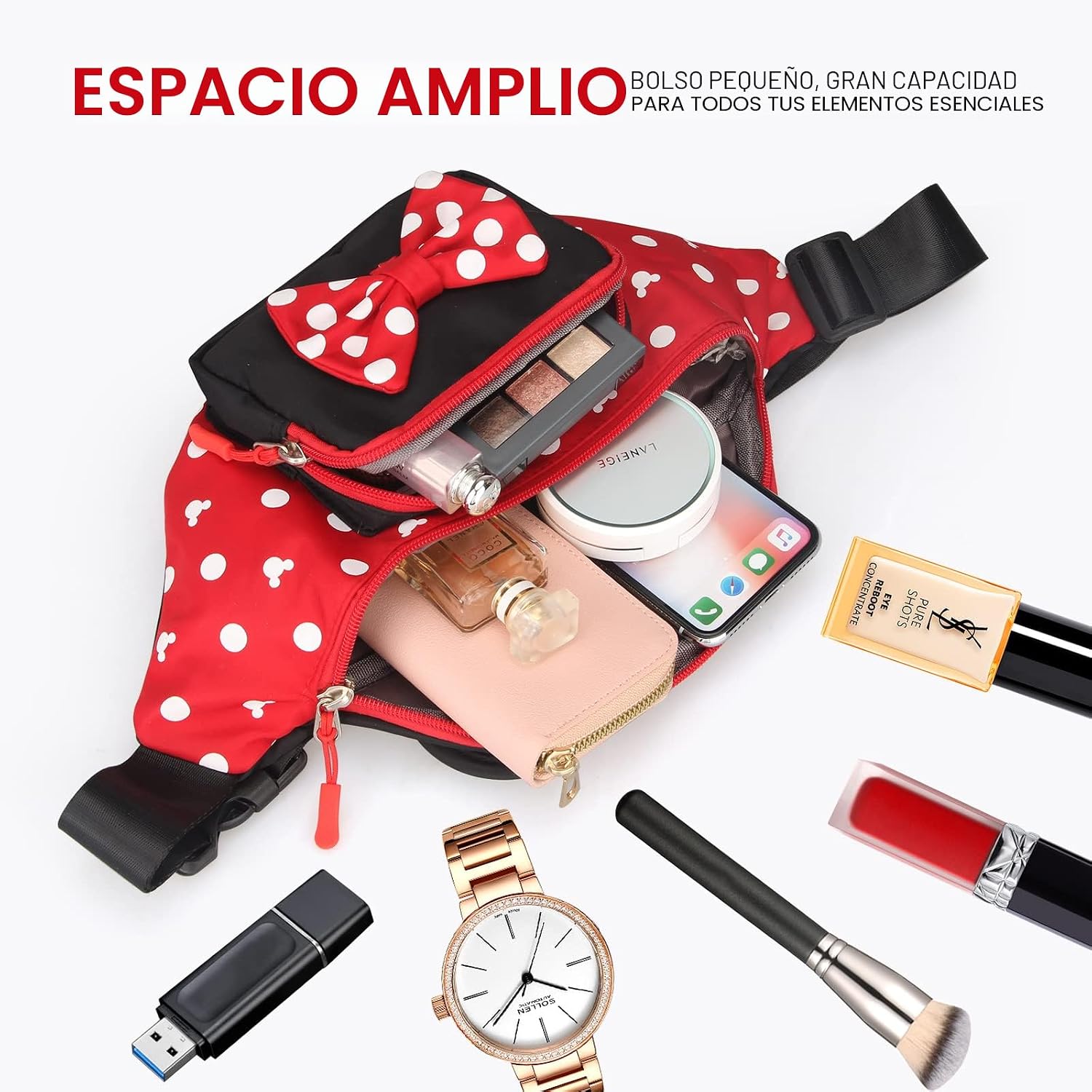 Riñonera linda para viajes, para mujeres, adolescentes y niñas, mini riñonera de ratón, cangurera de dibujos animados, para senderismo, bolsa de cintura al aire libre con orejas de ratón, Rojo, L