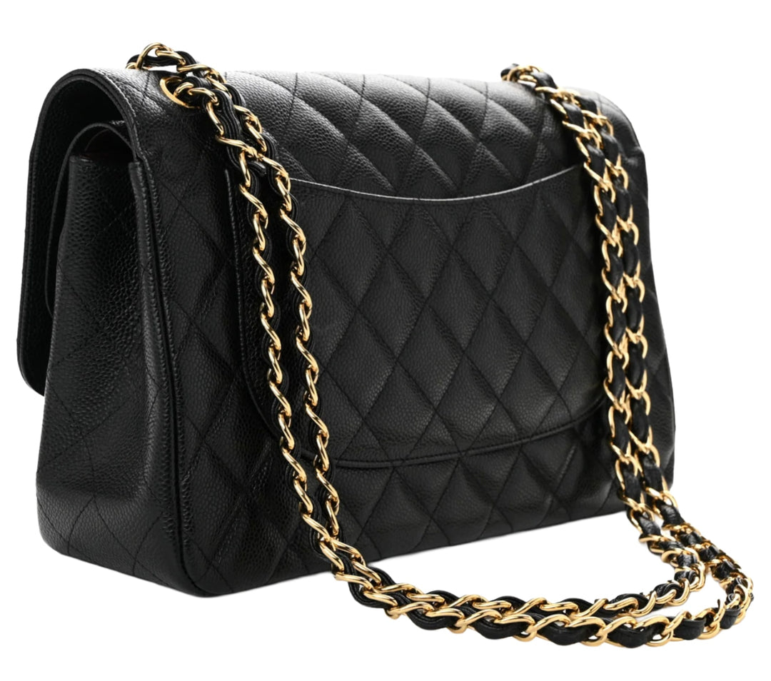 CHANEL 'BLACK' CLASSIC JUMBO DOUBLE FLAP GOLD HARDWARE