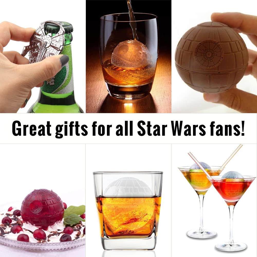 Molde de bola de hielo para whisky, estrella de la muerte, gran regalo de Star Wars para hombres (4 paquetes+1 abridor de botellas + bandeja)