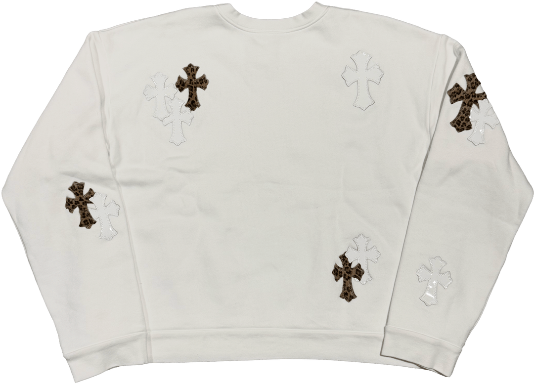 CHROME HEARTS 'WHITE LEOPARD' CROSS PATCH WHITE CREWNECK