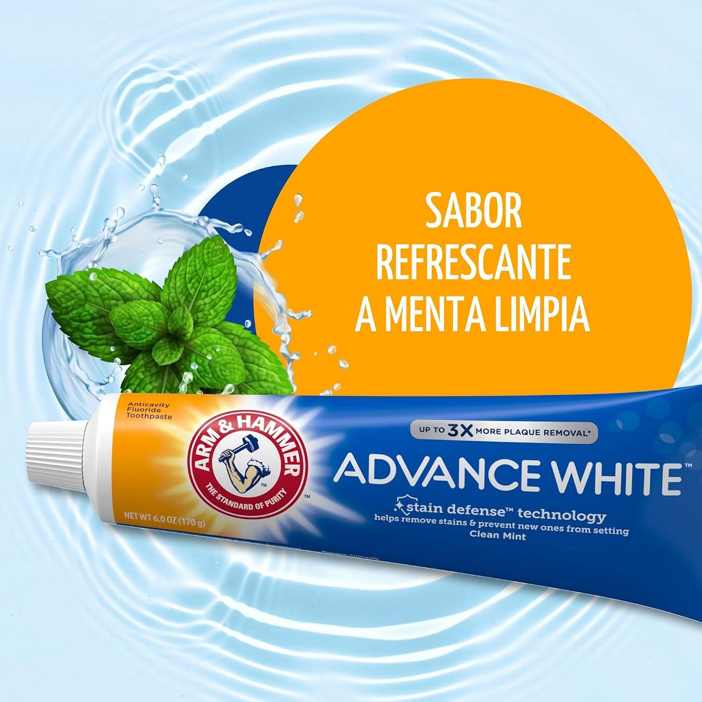 ARM & HAMMER Advance White Pasta de dientes, Pasta de dientes blanqueadora de bicarbonato de sodio con Tecnología de Defensa contra Manchas y Flúor, Sabor Menta Limpia, 6.0 Oz (Paquete de 4)