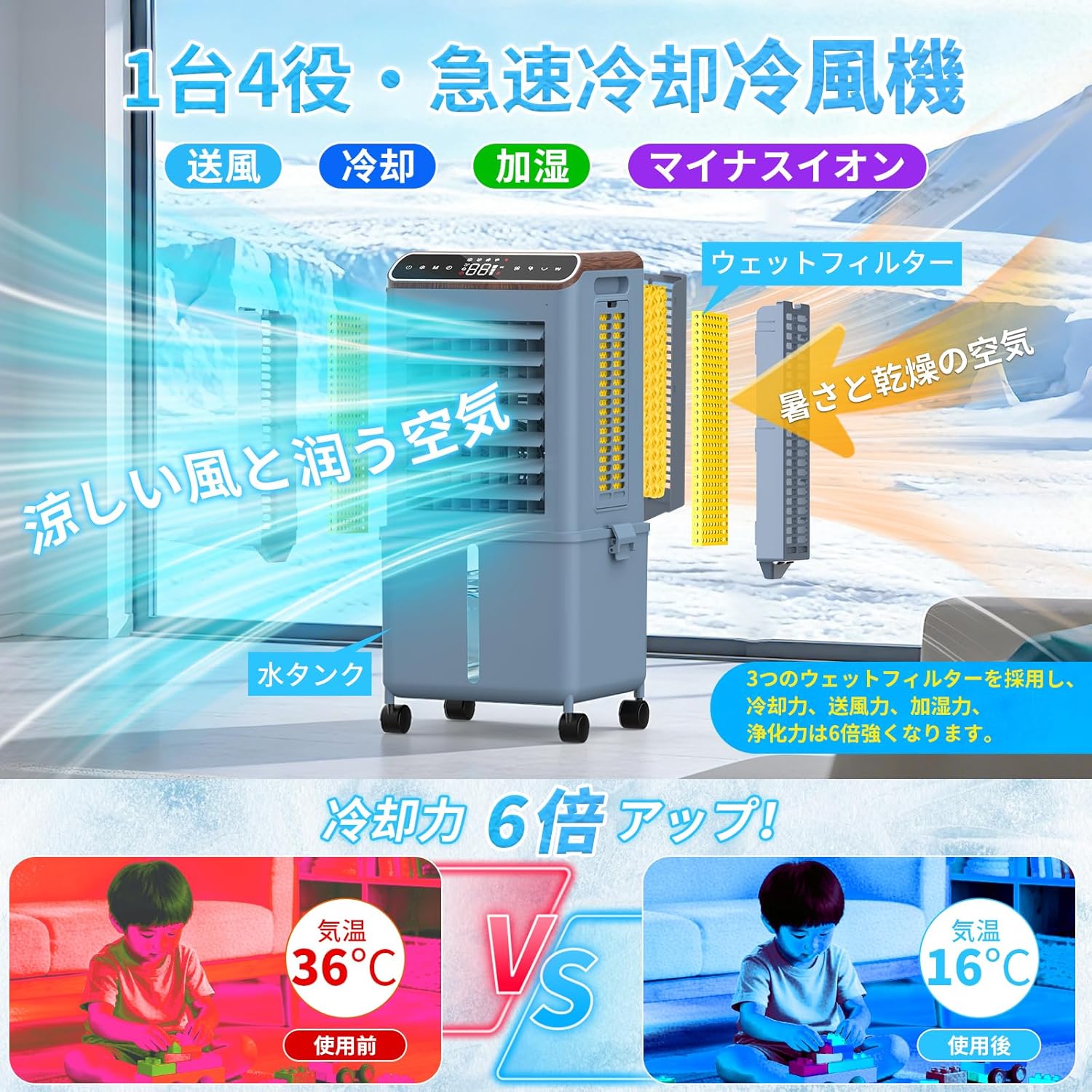 Powerful Cooling Fan, Popular Cooling Fan, 2026 Extreme Heat Protection, Increased Cooling Sensation, Energy Saving, Detachable 3.8 gal (13 L) Large Capacity Tank, Water Absorption in 3 Directions