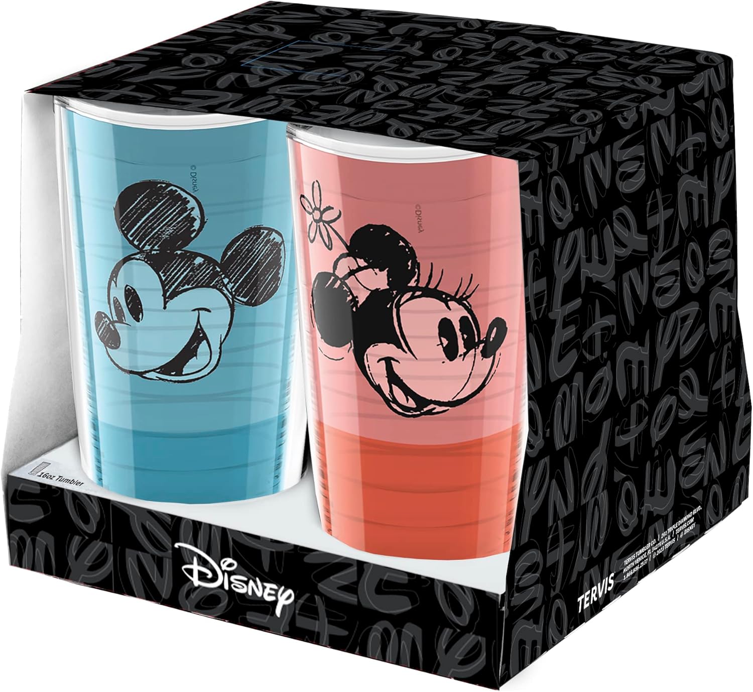 Tervis Disney Fundamentals Collection - Vaso aislado de doble pared hecho en Estados Unidos mantiene las bebidas frías y calientes, 16 onzas, paquete de 4, surtido