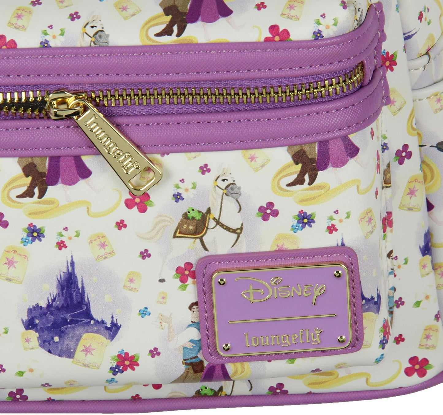 Loungefly Disney Tangled Rapunzel Flynn Ryder y Maximus - Mochila pequeña con estampado completo