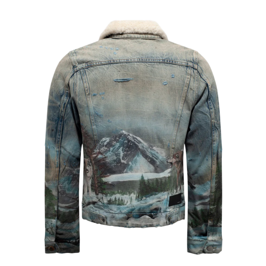 AMIRI SHERLING AIRBRUSH WOLF DENIM TRUCKER JACKET BLUE