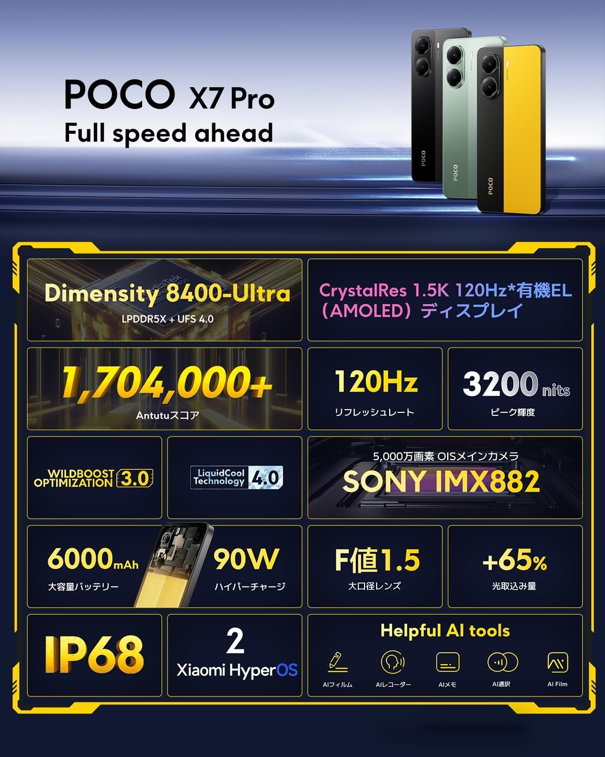 Xiaomi POCO X7 Pro, 12GB + 512GB, Japanese Version, Sim-Free Smartphone, 90W Hypercharge, 120Hz, Organic EL Display, IP68 Dustproof, Waterproof, Compatible with Docomo/au/SoftBank/Rakuten Mobile Lines