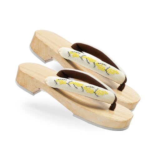 Amemari Women's White Wood Yukata, Lace, Embroidery, Mimosa Embroidery, Fashionable, Painless, Plump Thong, One-class Top Clogs, Beautiful Wood Geta, Yukata Accessories, Dull Color, Thong, Clogs