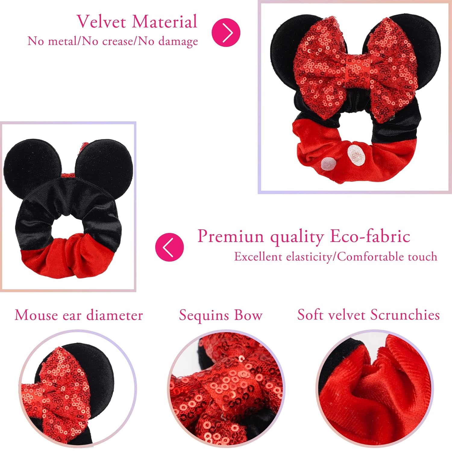 Paquete de 6 Coleteros con Orejas de Ratón, Lazos de Terciopelo con Lentejuelas Brillantes, Bandas Elásticas de Goma para Coletas, Lazos para el Cabello, Decoración para Fiesta de Navidad para Niños