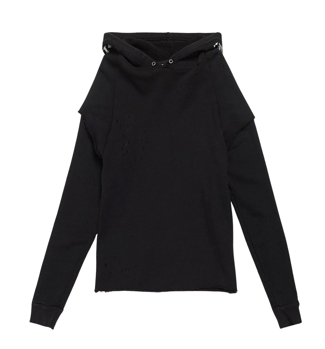 ENFANTS RICHES DÉPRIMÉS 'HOOD LOGO' DISTRESSED DOUBLE LAYER BLACK HOODIE