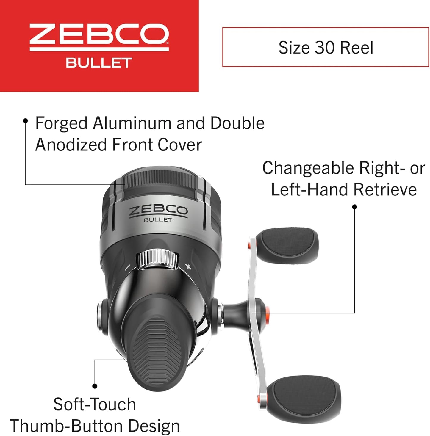 Zebco Bullet Spincast Fishing Reel Size 30 Reels 29.6" Fast in One Turn GripEm All Weather Handle Knob 10 lb with Zebco Fishing Line Black Clam Package