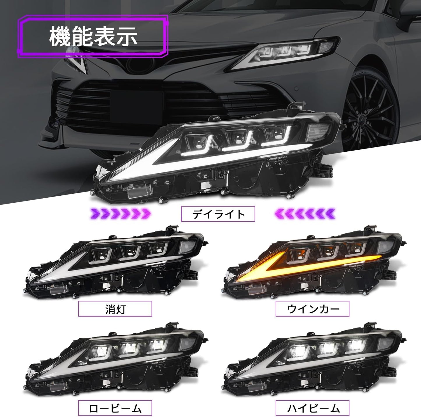 Archaic Camry 70 Series Headlight, 3 Eye Projector, Headlight, Flowing Turn Signals and Opening Motion, Can Be Turned On and Off All LEDs, Genuine Replacement, Pong Included, Set of 2 Left and Right