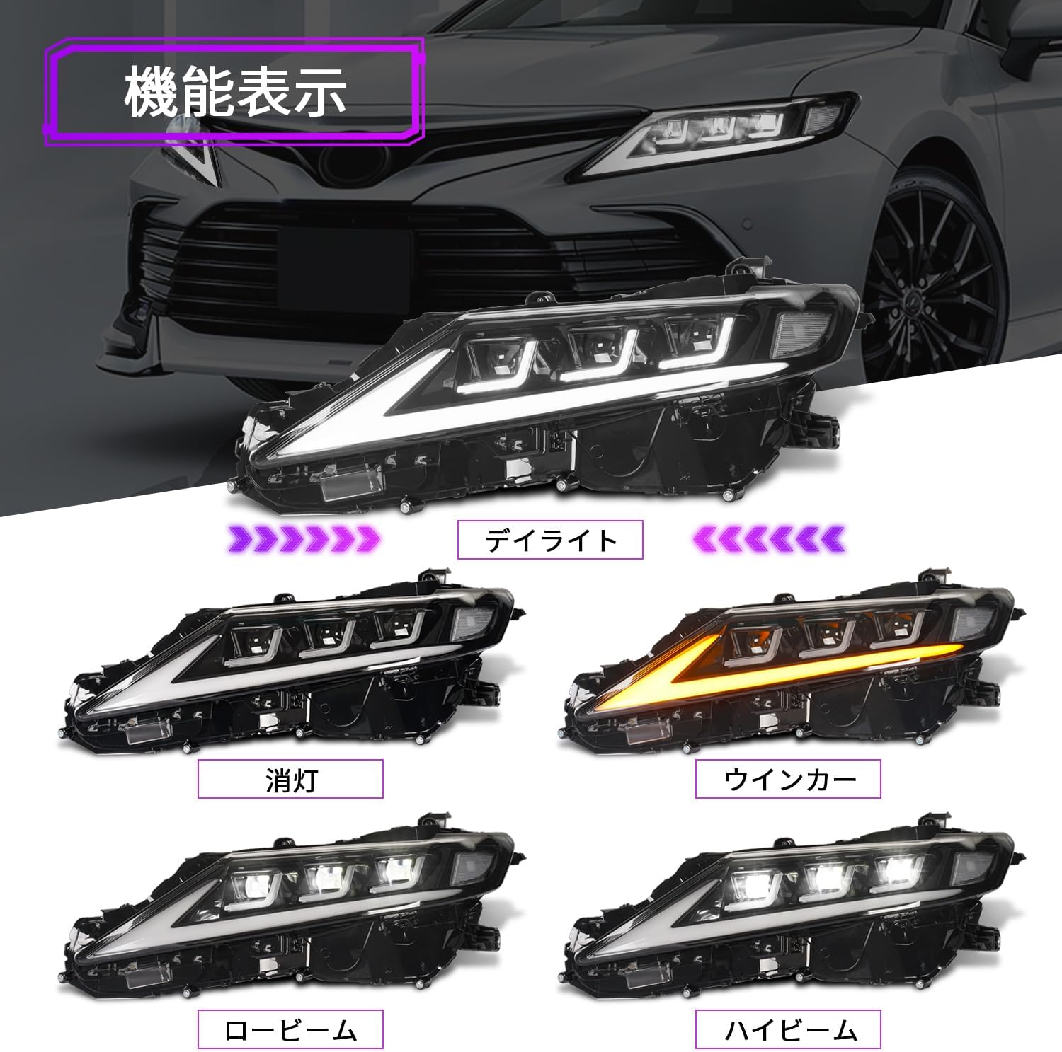 Archaic Camry 70 Series Headlight, 3 Eye Projector, Headlight, Flowing Turn Signals and Opening Motion, Can Be Turned On and Off All LEDs, Genuine Replacement, Pong Included, Set of 2 Left and Right