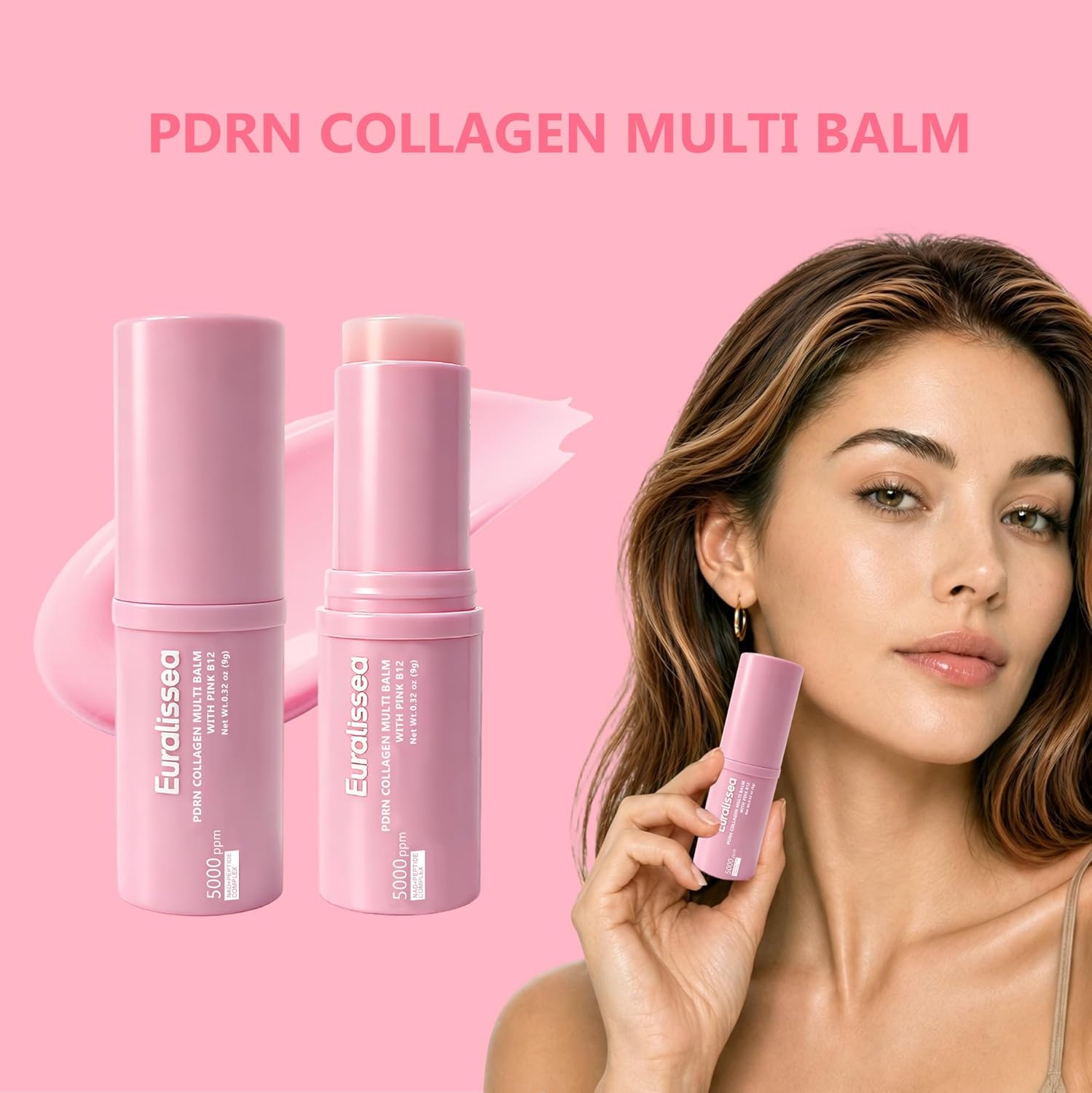 PDRN - Bálsamo para ojos, paquete de 2 unidades, bálsamo múltiple de colágeno con B12 rosa, cuidado hidratante debajo de los ojos para cara, cuello y líneas de sonrisa, 0.32 onzas cada uno