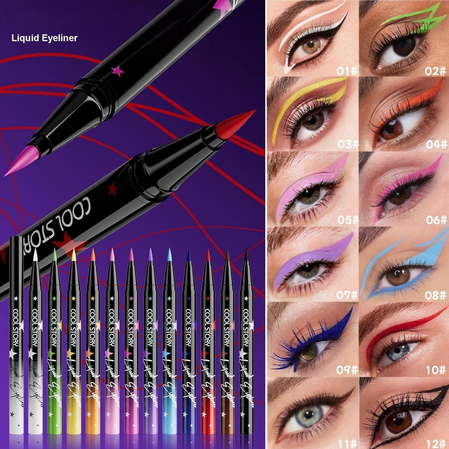 Liquid Eyeliner 12 Colors Wine Red, Olive, Pastel Color, Waterproof, Ultra Fine, Matte, No Falling, Quick Drying, Gel Pen, Cat Eye, For Beginners, 06# Pink