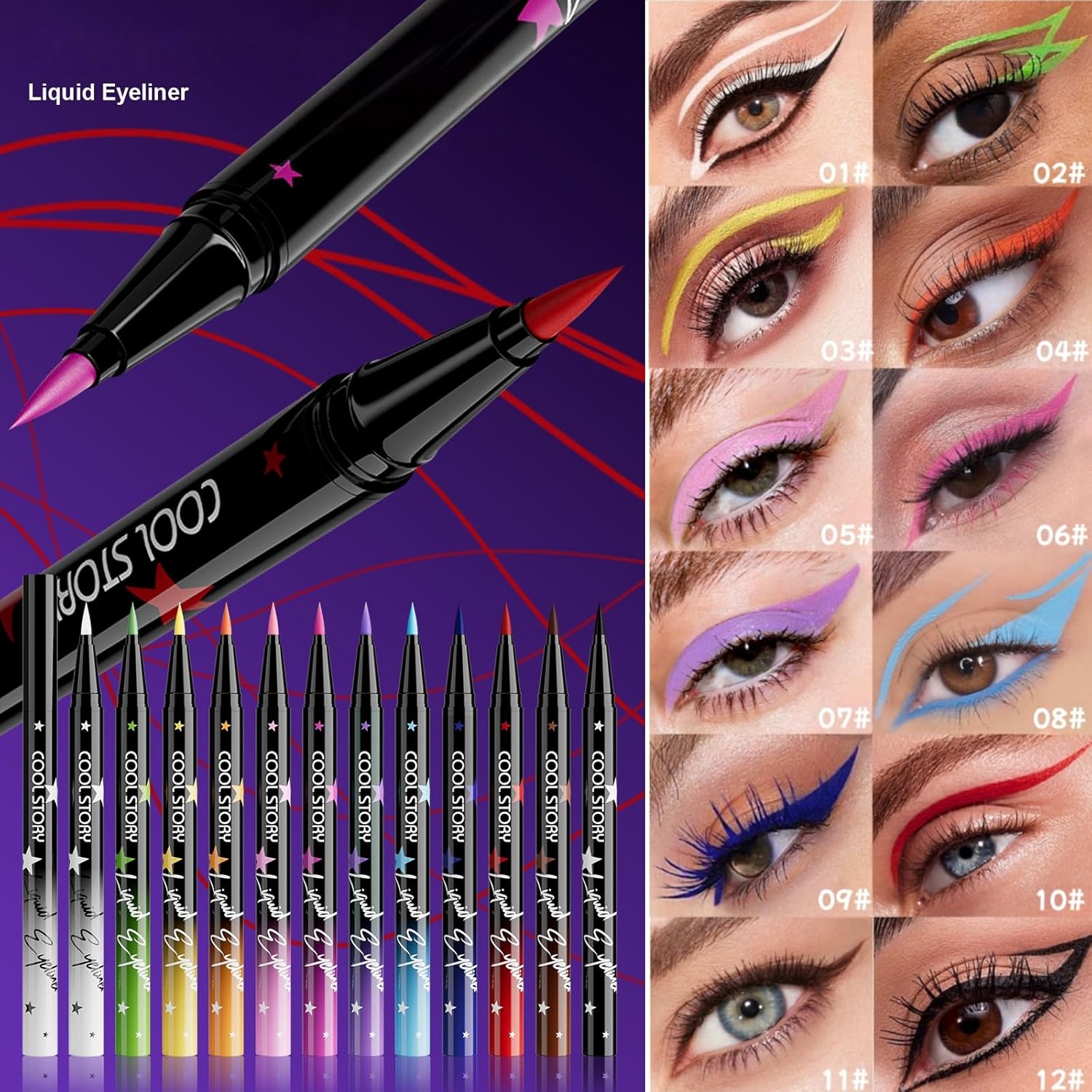 Liquid Eyeliner 12 Colors Wine Red, Olive, Pastel Color, Waterproof, Ultra Fine, Matte, No Falling, Quick Drying, Gel Pen, Cat Eye, For Beginners, 06# Pink
