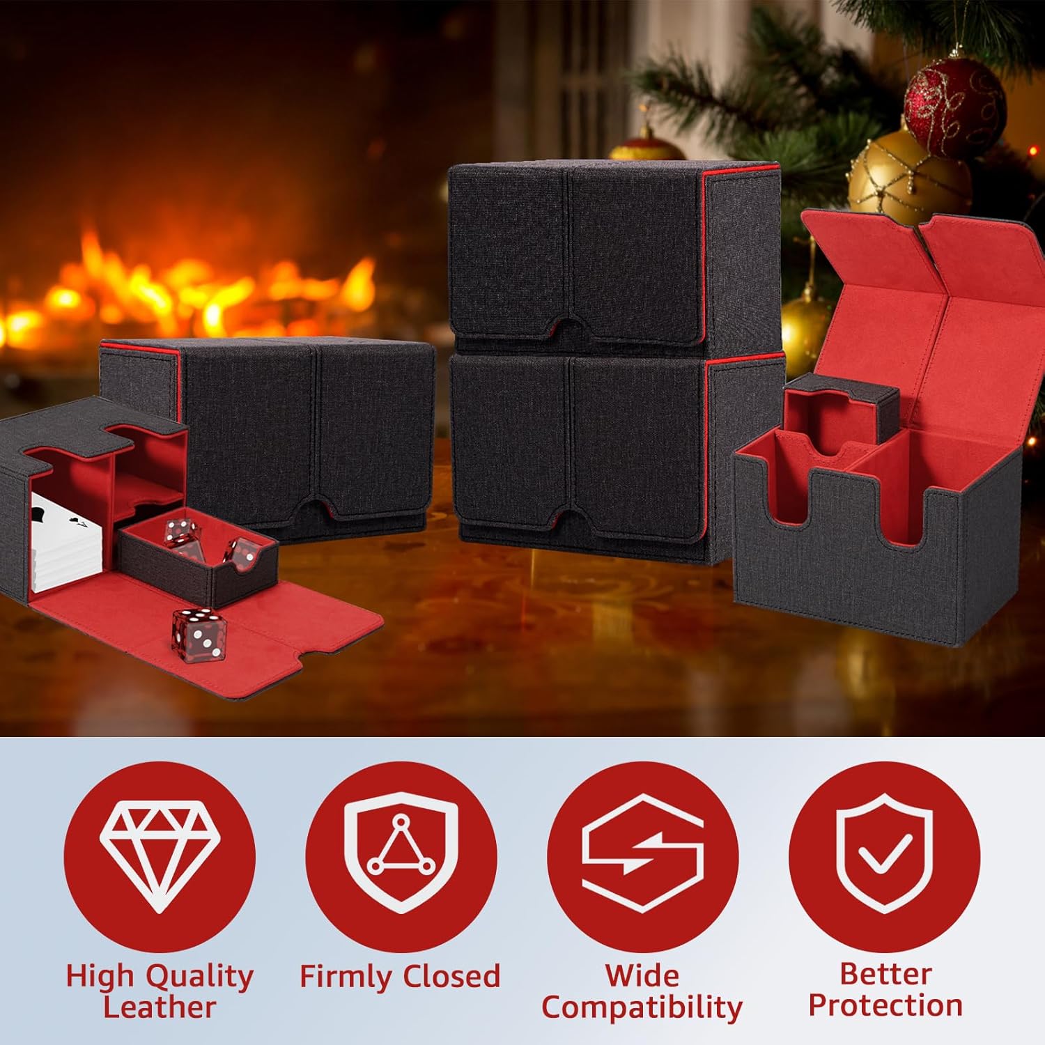 Deck Case, Trading Card Case, Deck Box, Storage Box, Dice Holder, Magnet, Leather, Approx. 200 Cards, Compatible with Various Card Games, Sleeve Support, 6.1 x 4.0 x 4.1 inches (15.5 x 10.2 x 10.4 cm)